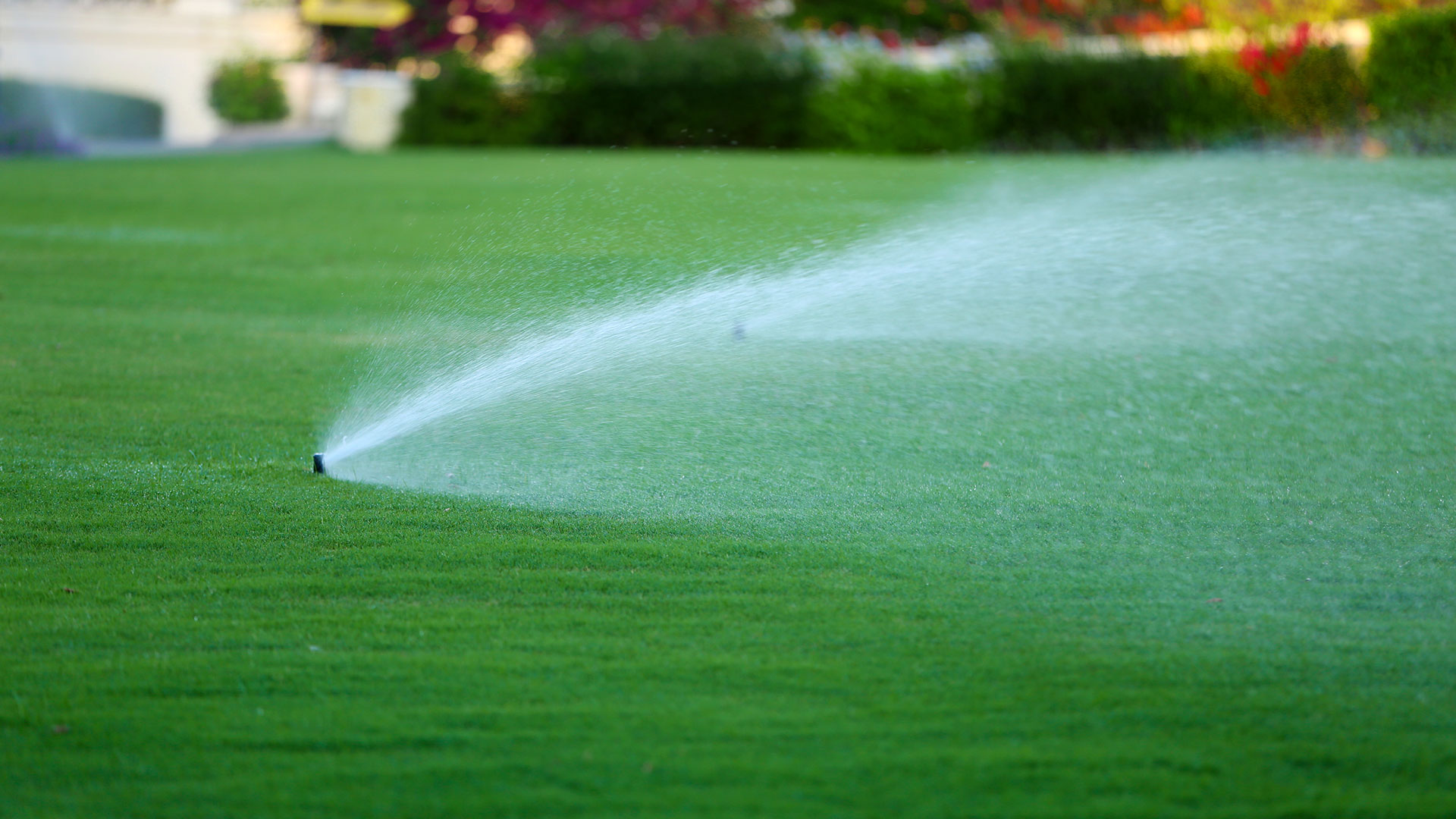 Irrigation sprinkler watering a large lawn in Lansing, MI.