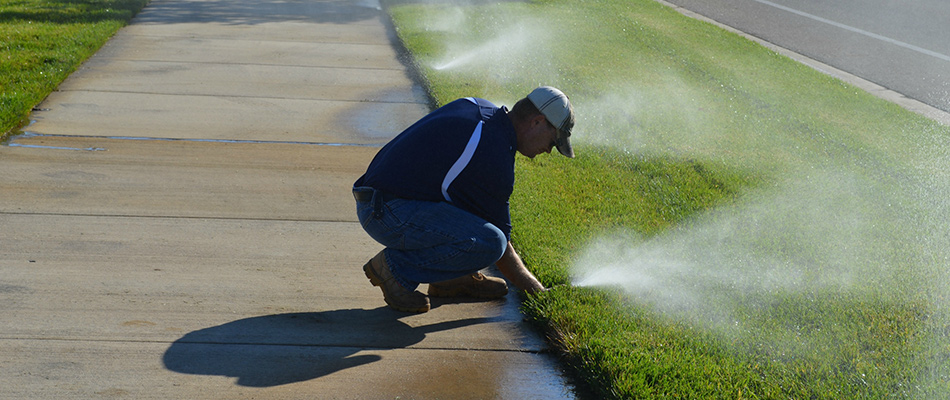 A technician adjusting an irrigation sprinkler head in Lansing, MI.